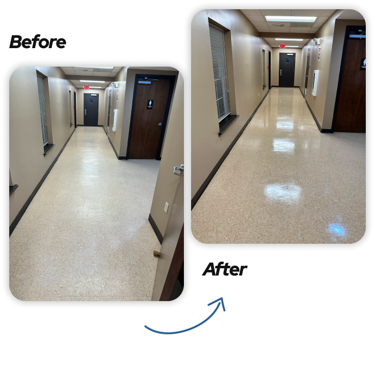 Before and after comparison of commercial hallway floors cleaned and polished by Midsouth Cleaning.