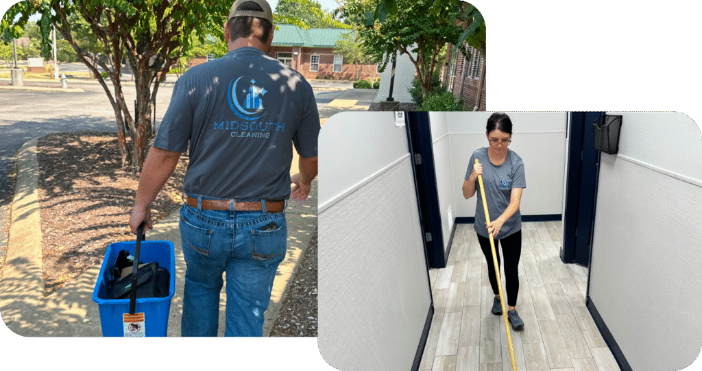 Midsouth Cleaning professionals preparing and performing janitorial work, including equipment setup and mopping office floors.