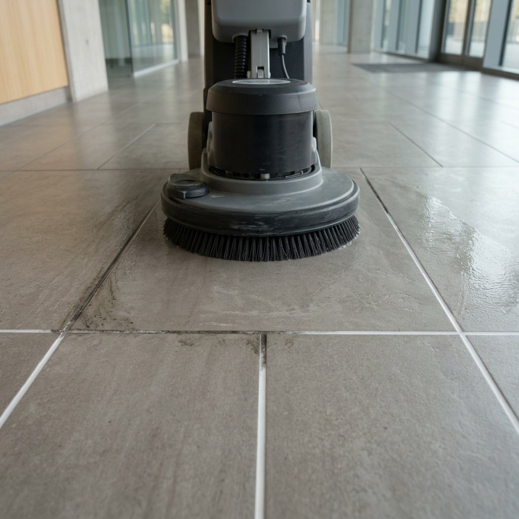 Rotary scrubber cleaning tile and grout on a commercial floor